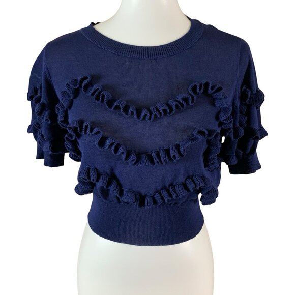 Lucy Paris Navy Ruffle Knit Sweater Top XS Cottagecore Parisian Romantic Chic - Picture 2 of 5
